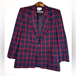VTG Gilmor womens sz 14 blazer red blue green tartan plaid one-button Academia